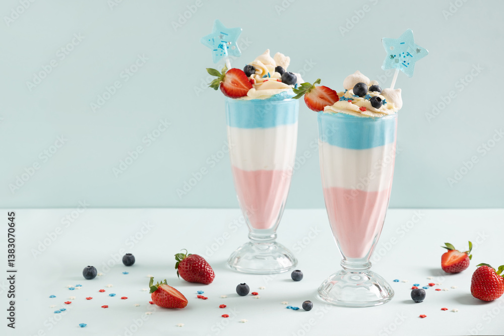 Layered milkshake or sweet dessert in red, white and blue colors on pastel blue background. Copy space. Colors for Patriotic Independence Day.