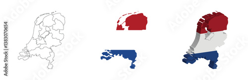 The Netherlands outline, fill with flag and 3d map