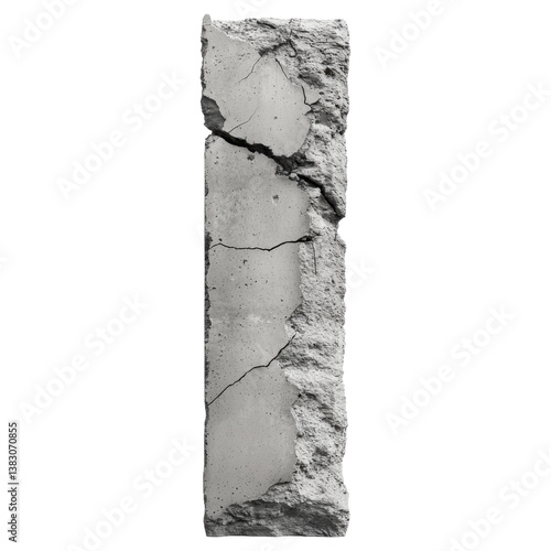 Old cement pillar with cracks on white background.