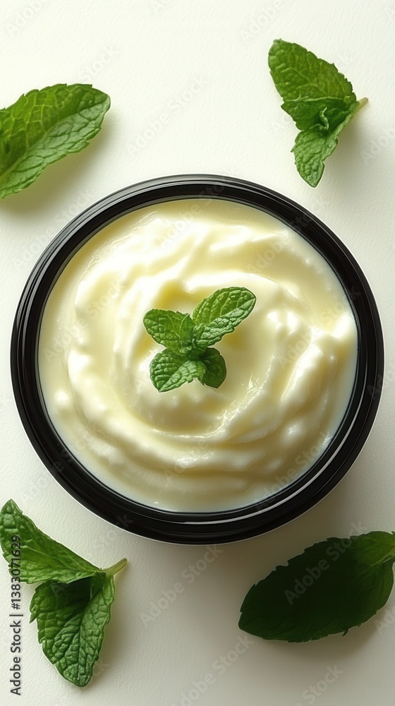 Creamy yogurt dessert in black bowl with fresh mint leaves on white backdrop healthy eating concept Creamy yogurt dessert in black bowl with fresh mint leaves on white backdrop healthy eating concept