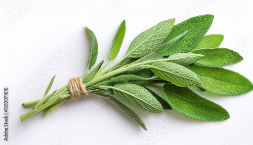 fresh sage herb against a white backdrop displayed from above with full depth of field flat lay