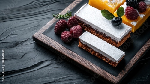 Indue in this premium organic dessert delivery; delectable raspberry and mango bars, artisan-crafted with fresh berries, elegantly presented on a dark wood serving board for a