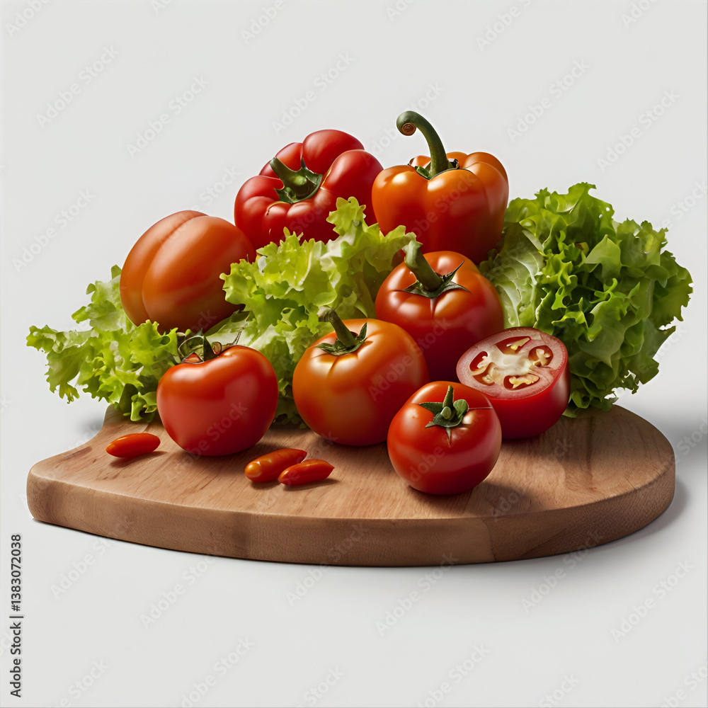 Fresh vegetables like tomatoes, peppers, and lettuce on a wooden board,ready for a healthy salad isolated on transparent white background Fresh vegetables like tomatoes, peppers, and lettuce on a wooden board,ready for a healthy salad isolated on transparent white background