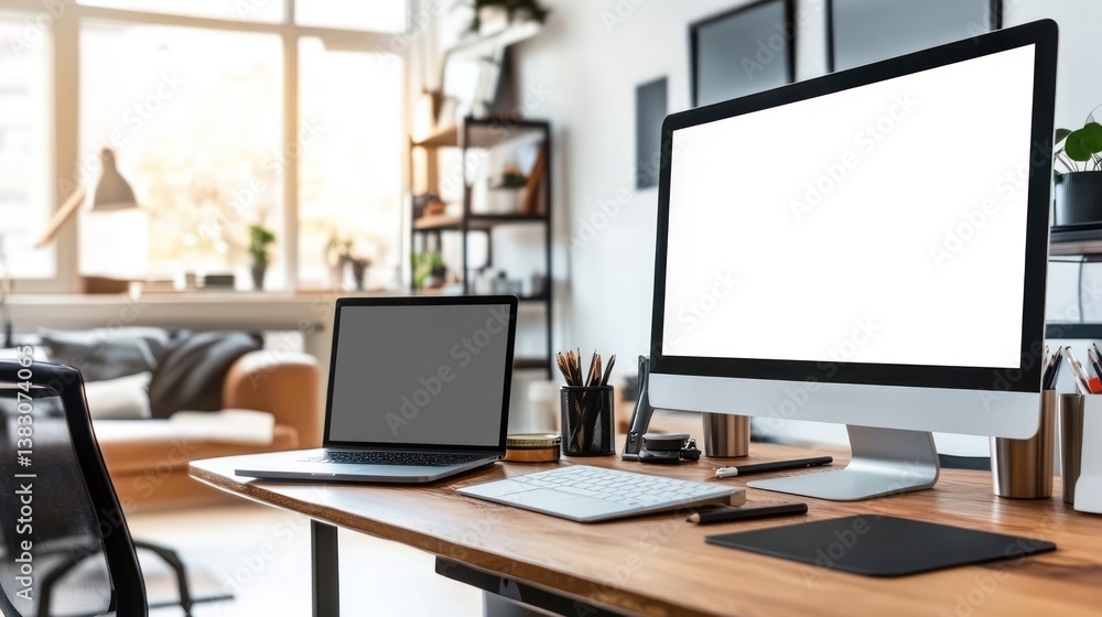 Home office workspace with laptop and monitor Home office workspace with laptop and monitor