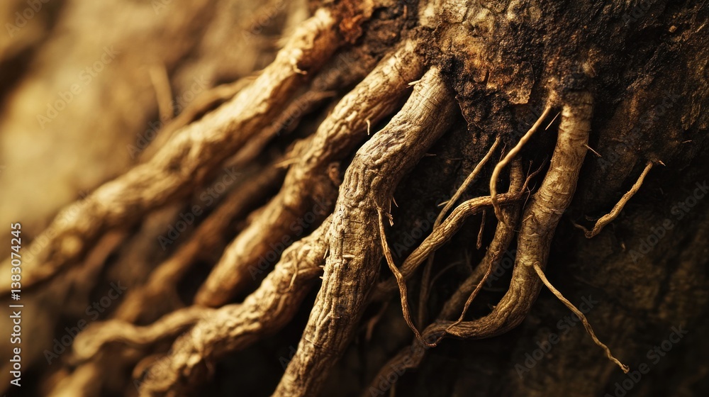 Exposed tree roots, textured, close-up, outdoors, sunlight background, nature design Exposed tree roots, textured, close-up, outdoors, sunlight background, nature design