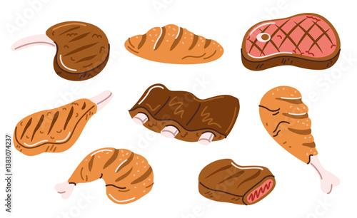 Different types of meat. A set of items for a barbecue party, grilled meat. Vector illustration in flat style isolated on a white background