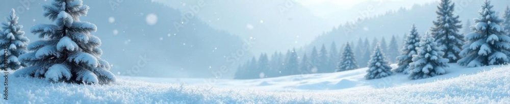 Fototapeta premium Delicate snowflake pattern border surrounding a winter landscape of evergreen trees and frosty terrain, winter scenery, winter wonderland , serene