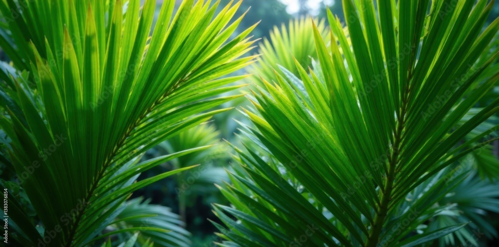Fototapeta premium Dense cluster of lush green palm leaves swaying in tropical breeze, tropical setting, foliage, botanical