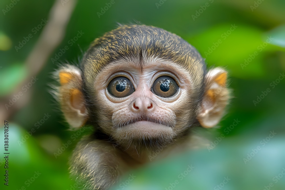 Fototapeta premium Portrait of a Baby Monkey in Lush Green Foliage