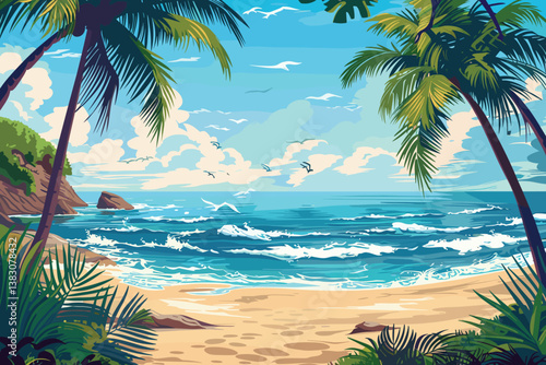 Sunny day on a tropical beach. Big rocks. Calm waves. Clear sky. Bright warm colors. The beauty of the sea. Seascape, work of art. Vector illustration design