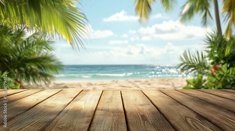 Fototapeta premium Wooden deck on tropical beach background summer vacation destination travel tourism paradise ocean view 100