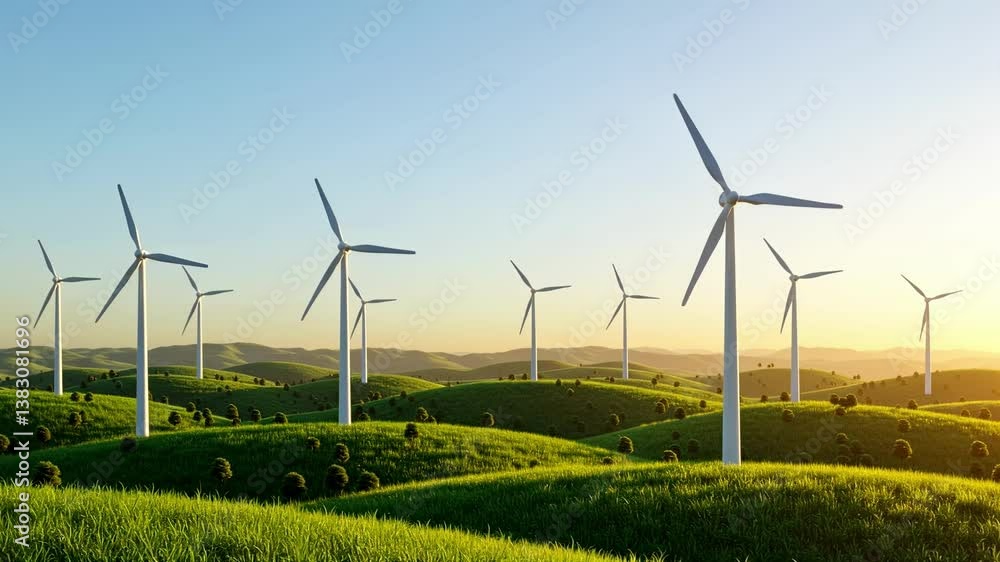 Wind turbines generate renewable energy in a green landscape at sunset in a rural area Wind turbines generate renewable energy in a green landscape at sunset in a rural area