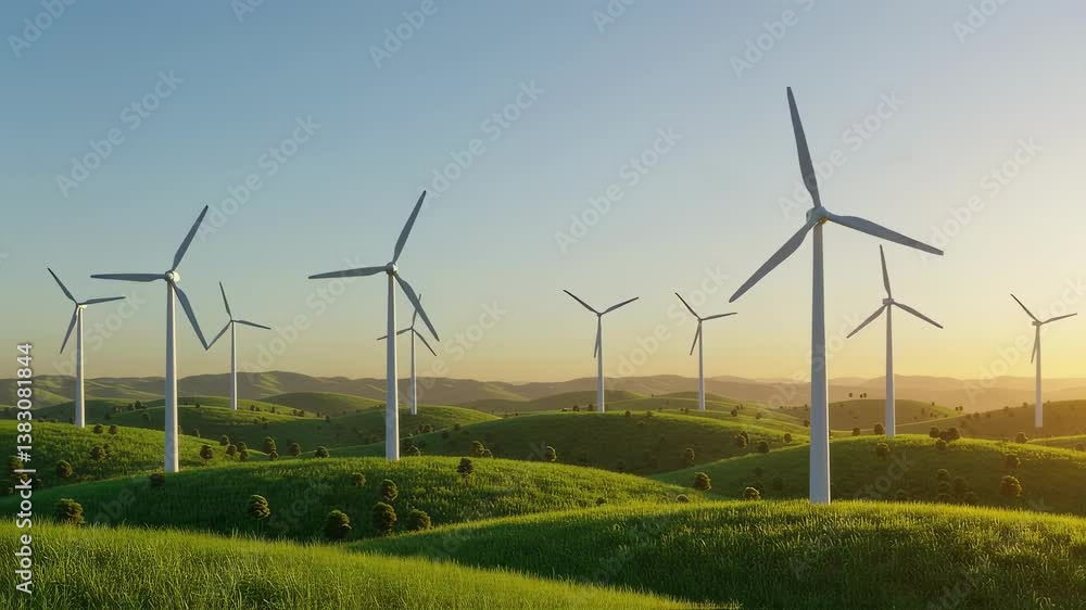 Renewable energy movement showcases wind turbines in a sunlit landscape of rolling hills during early morning Renewable energy movement showcases wind turbines in a sunlit landscape of rolling hills during early morning
