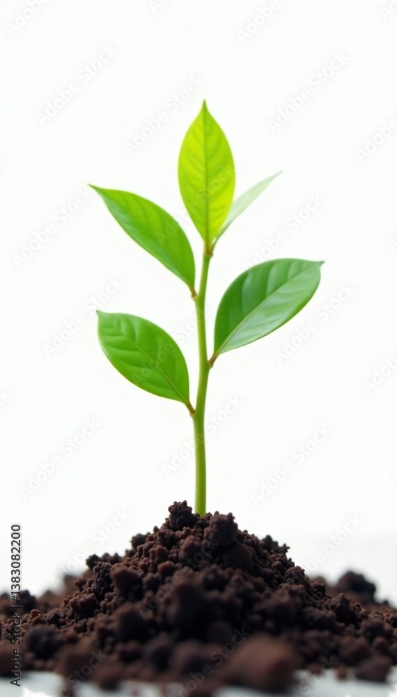 Delicate stem of a single plant rises from earthy ground on white background, botanical, greenery, flower power Delicate stem of a single plant rises from earthy ground on white background, botanical, greenery, flower power