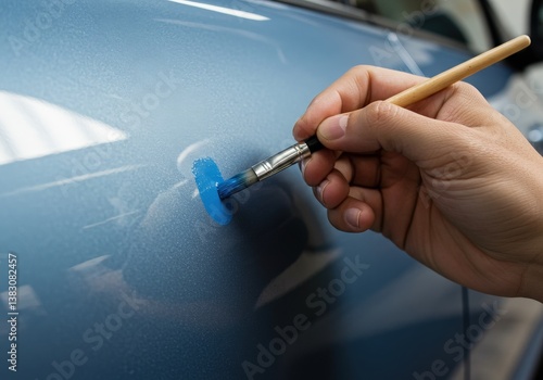 Repairing a scratch on a blue car surface using a brush and touch-up paint