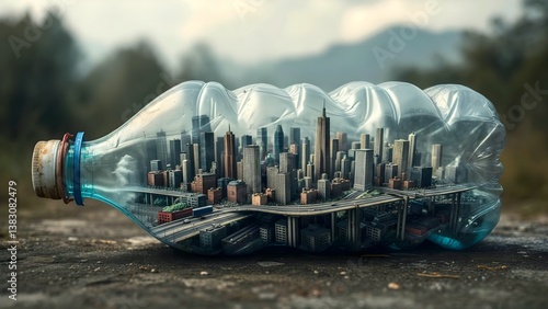 Miniature City Trapped in a Plastic Bottle – Symbol of Pollution, Urbanization, and Environmental Impact. Generative AI.	
