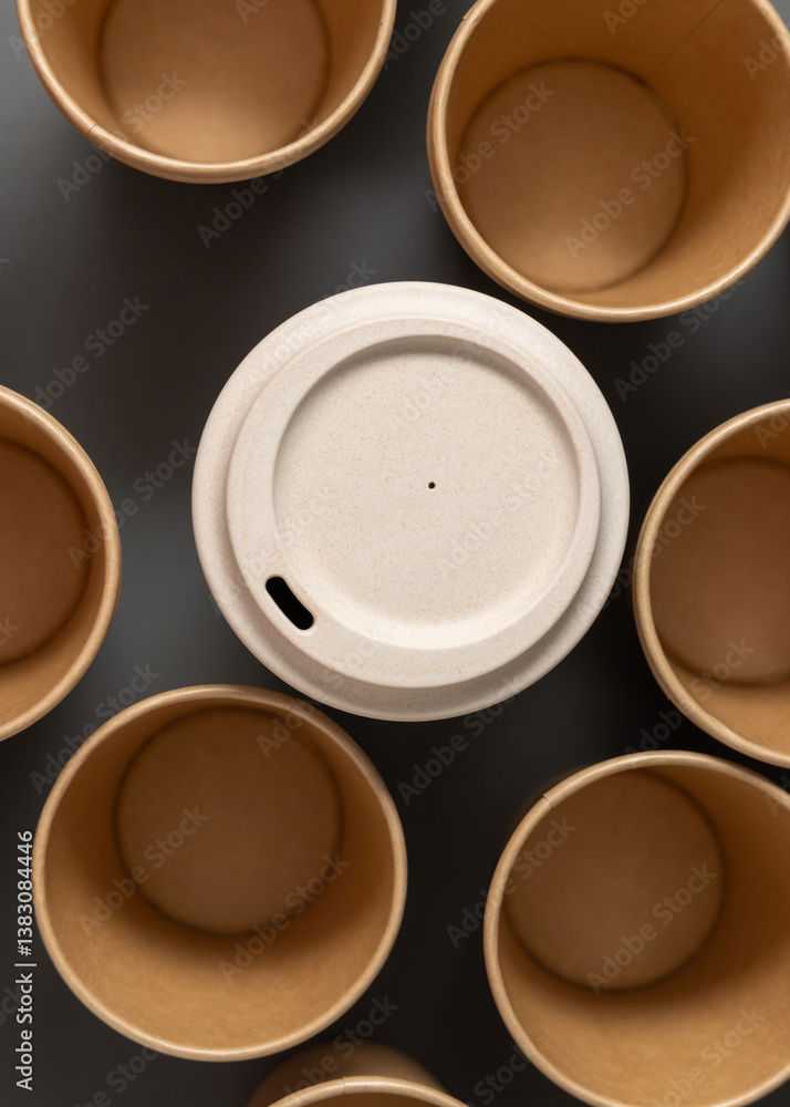 New beige kraft paper cups and reusable bamboo coffee cup on a gray top view, mockup