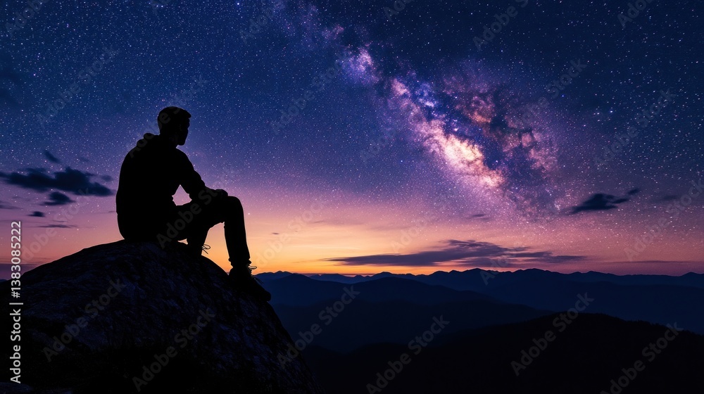 Man Contemplating Milky Way Sunset Man Contemplating Milky Way Sunset