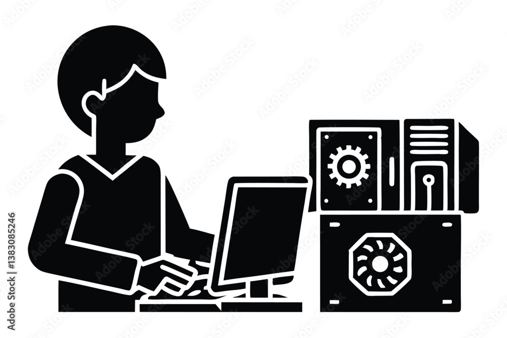 Student Learning Computer Hardware Components Vector Student Learning Computer Hardware Components Vector