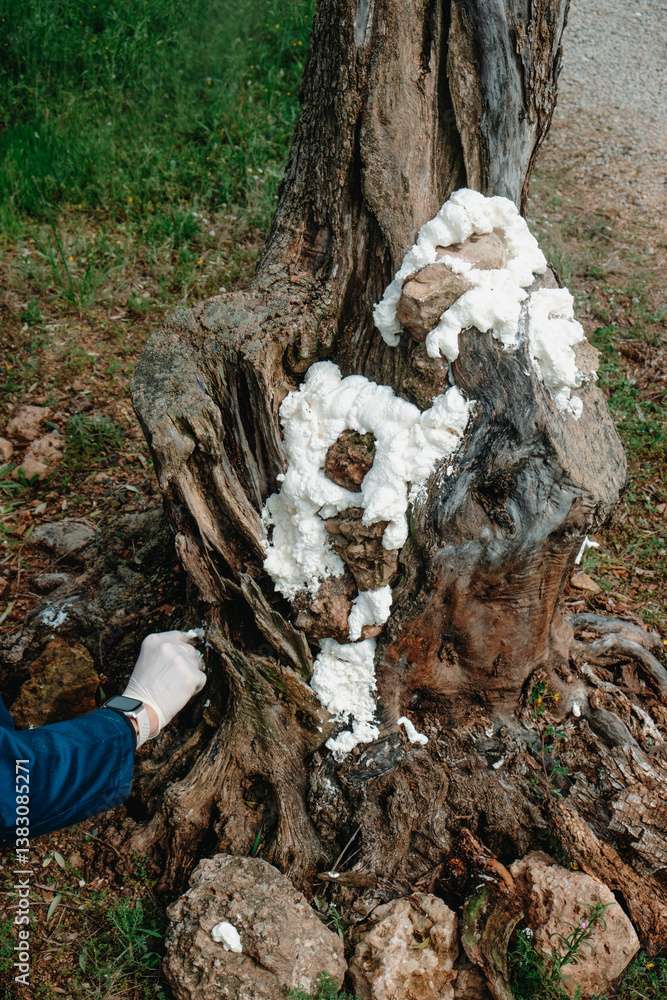 man fills some holes in a tree with foam spray