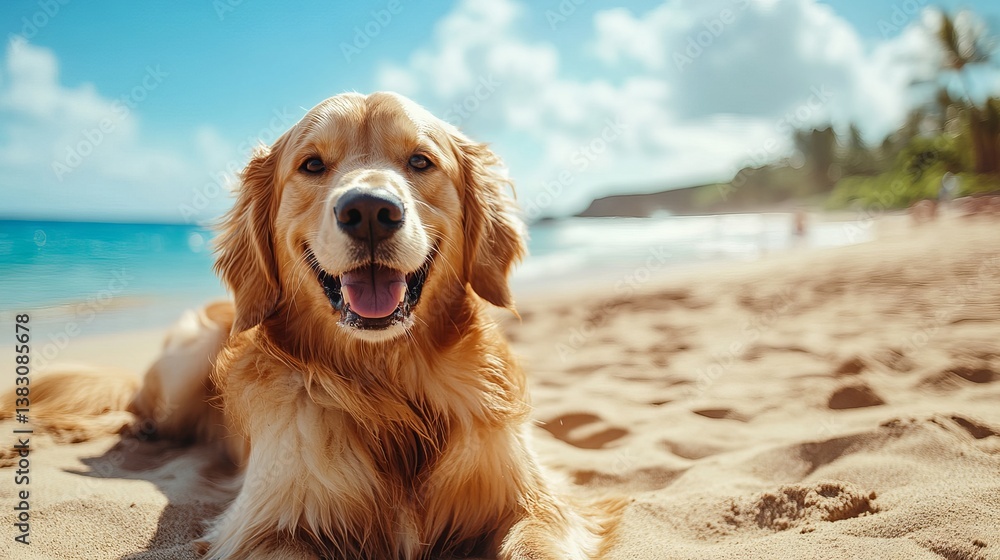 Golden retriever dog on beach vacation happy pet portrait sunny day canine friend summer travel destination Golden retriever dog on beach vacation happy pet portrait sunny day canine friend summer travel destination