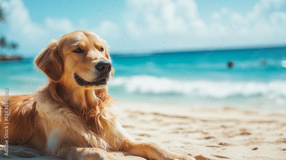 Golden retriever dog relaxing on the beach summer vacation pet friendly travel destination sunny day scene Golden retriever dog relaxing on the beach summer vacation pet friendly travel destination sunny day scene