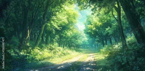 The sun shines beautifully through trees on a tranquil wood path