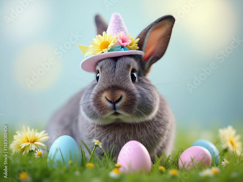 A close-up portrait of an adorable grey bunny wearing a tiny Easter bonnet 