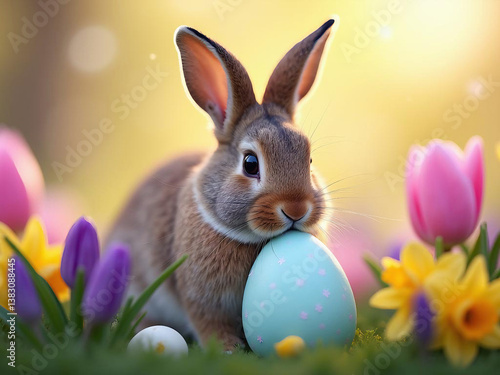 A brown and white rabbit surrounded by blooming spring flowers