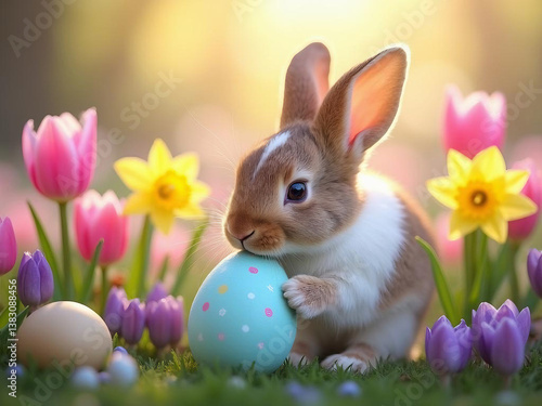 A brown and white rabbit surrounded by blooming spring flowers