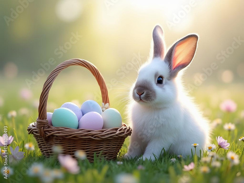 A fluffy white bunny sitting beside a woven basket