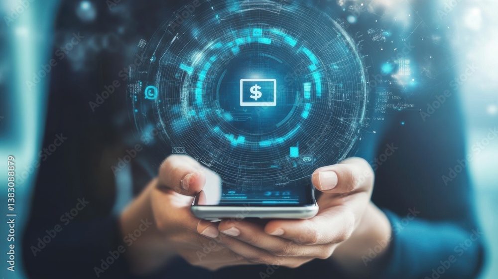 Digital Banking: Person using a smartphone displaying a currency symbol surrounded by a glowing, futuristic interface. Digital Banking: Person using a smartphone displaying a currency symbol surrounded by a glowing, futuristic interface.