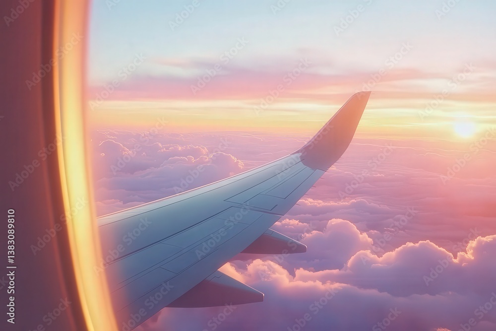 Obraz premium An airplane wing soars high above clouds at a beautiful sunset