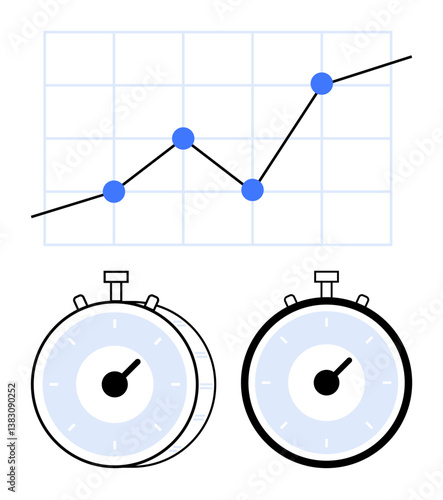 Stopwatch pair below a up line graph with four blue data points and grid up. Ideal for time management, data analysis, performance tracking, efficiency, productivity, deadlines, and trends