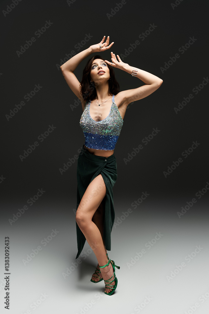 Stylish young woman showcasing summer fashion in a minimalist studio setting Stylish young woman showcasing summer fashion in a minimalist studio setting