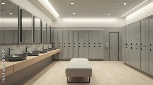 Modern Locker Room Interior with Sinks and Bench for Gym or Spa