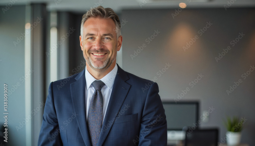 Obraz premium Modern portrait headshot of a friendly ceo executive business worker: A confident, middle-aged businessman in a navy suit smiles directly at the camera in a modern office setting.