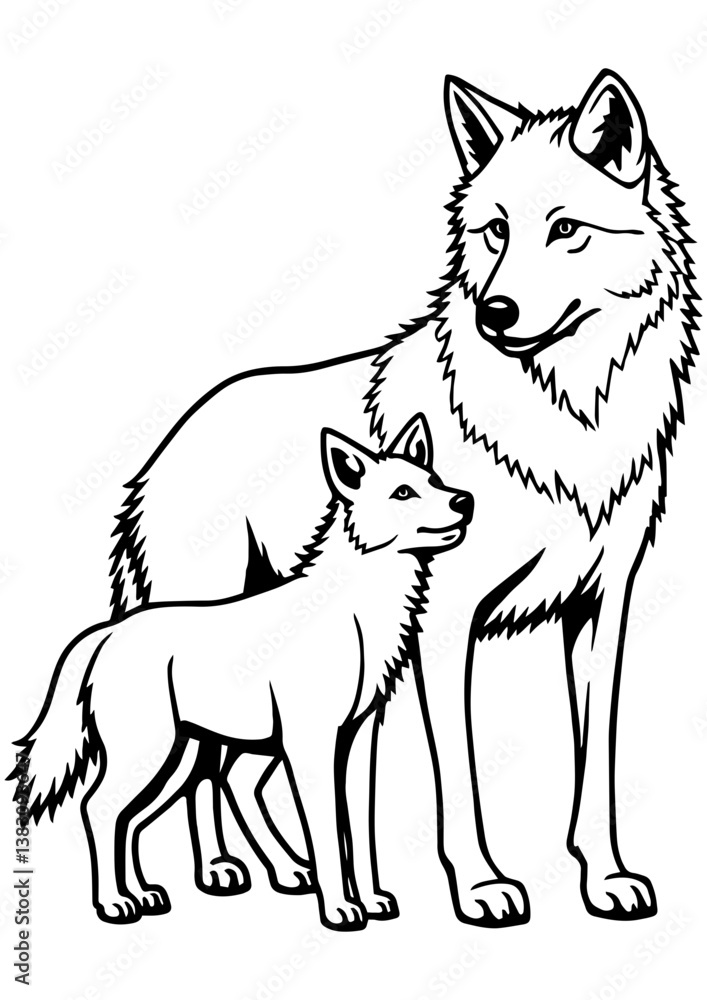 Obraz premium A black and white vector illustration of a wolf with a cub, baby wolf, perfect for engraving, laser cutting, printing, and creative projects.