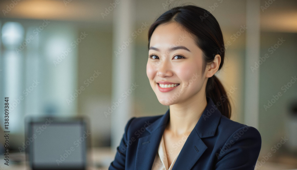 Fototapeta premium Modern portrait headshot of a friendly ceo executive business worker: A smiling Asian businesswoman in a navy blue suit confidently looks at the camera in a modern office setting.