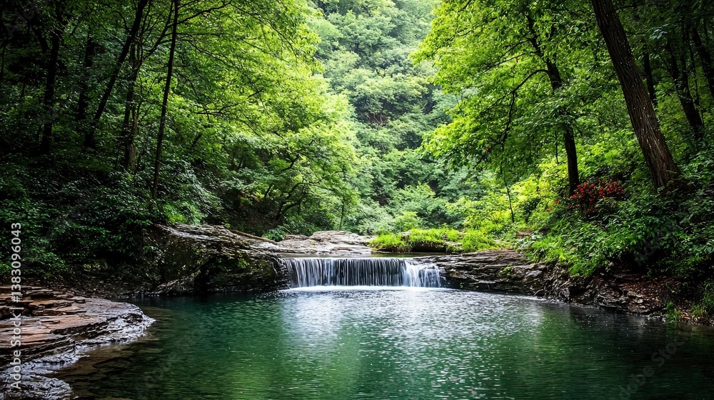 Naklejka premium Lush forest waterfall pond