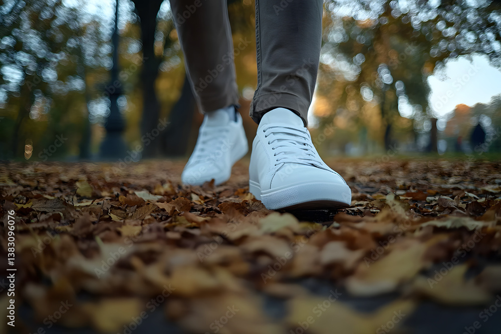 Walking in Autumn Park with White Sneakers on a Leaf-Covered Path Walking in Autumn Park with White Sneakers on a Leaf-Covered Path