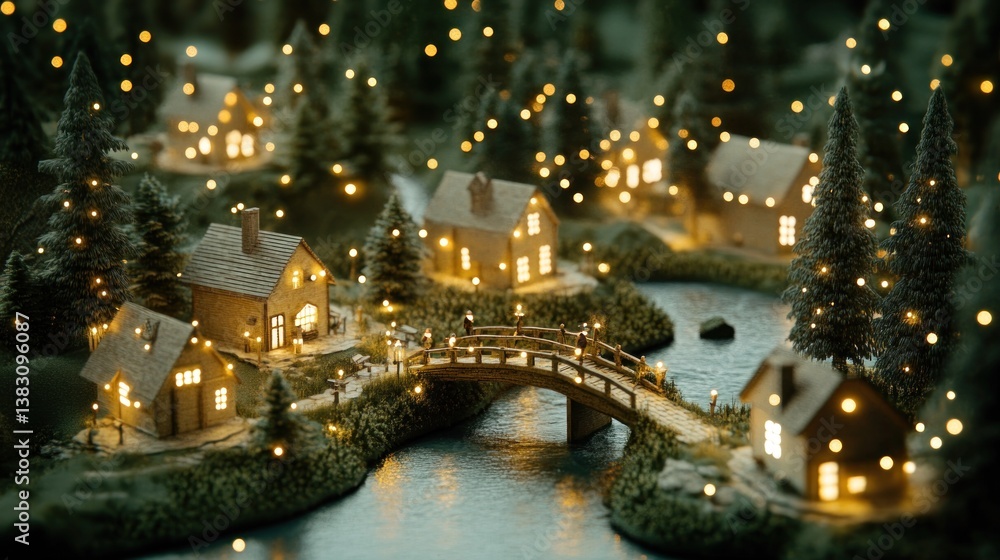 Illuminated Miniature Village by a River Illuminated Miniature Village by a River