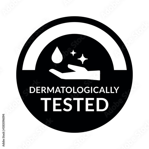 Dermatologically tested hand hold water drop with stars vector flat sign. Extra care clear water and medical wash black label.