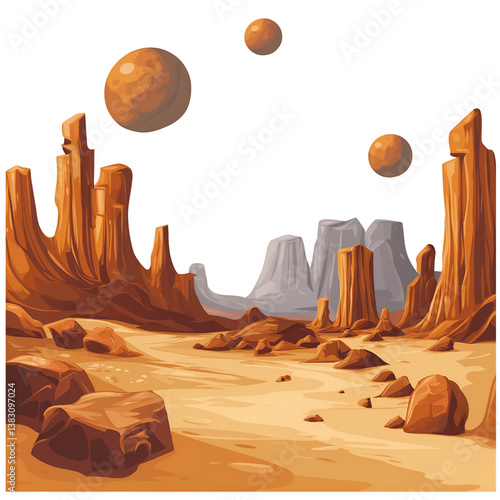 Exploring a Mars-like Landscape with Rock Formations and Floating Globes. Space and Sci Fi Concept