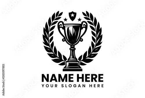 Monochrome Trophy Cup with Laurel Illustration. Minimalist Achievement Art
