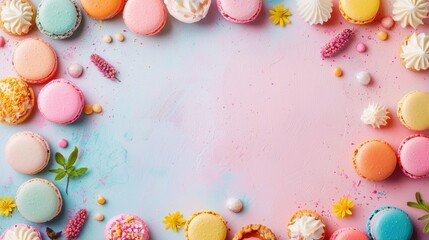 Colorful macarons and meues frame a pastel pink and blue background with flowers and sprinkles surrounding a blank center for design purposes