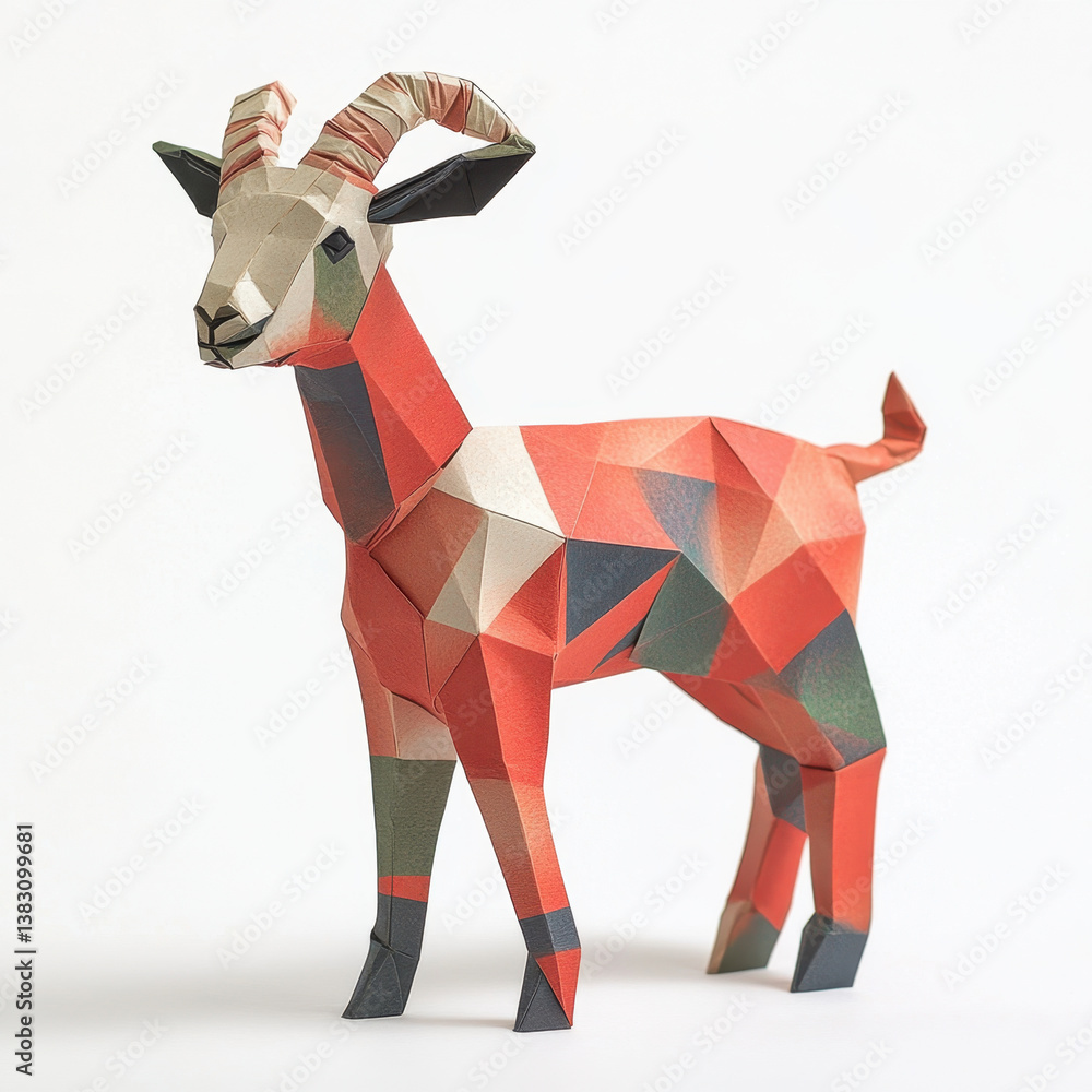 Obraz premium This vibrant origami goat showcases intricate geometric patterns and striking color palette, embodying art of paper folding in unique and captivating way