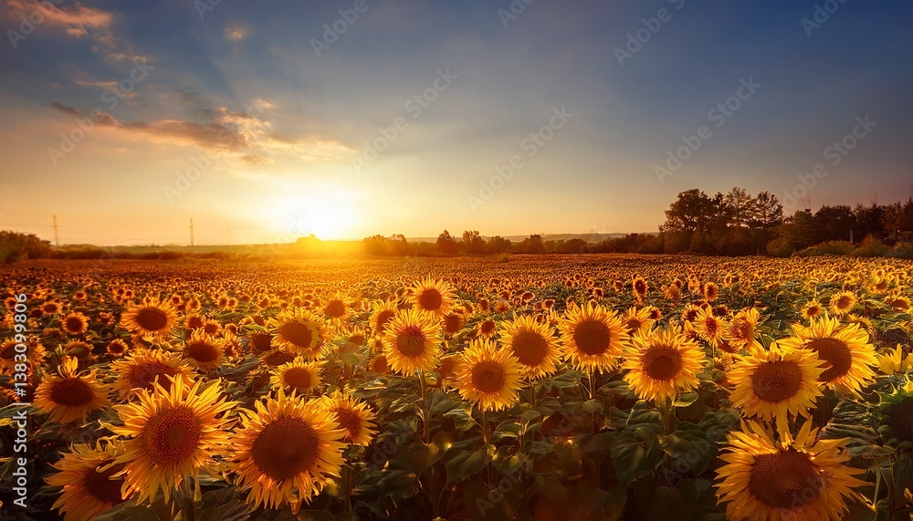 Obraz premium sunlit field of sunflowers at sunset golden hour magical ambiance