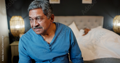 Obraz na płótnie Sad, senior man and thinking on bed with insomnia, mental health and guilt for decision