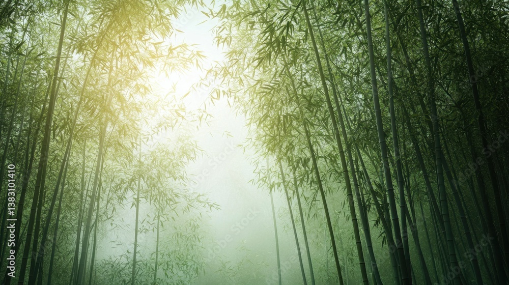 Fototapeta premium A misty bamboo forest with soft sunlight.